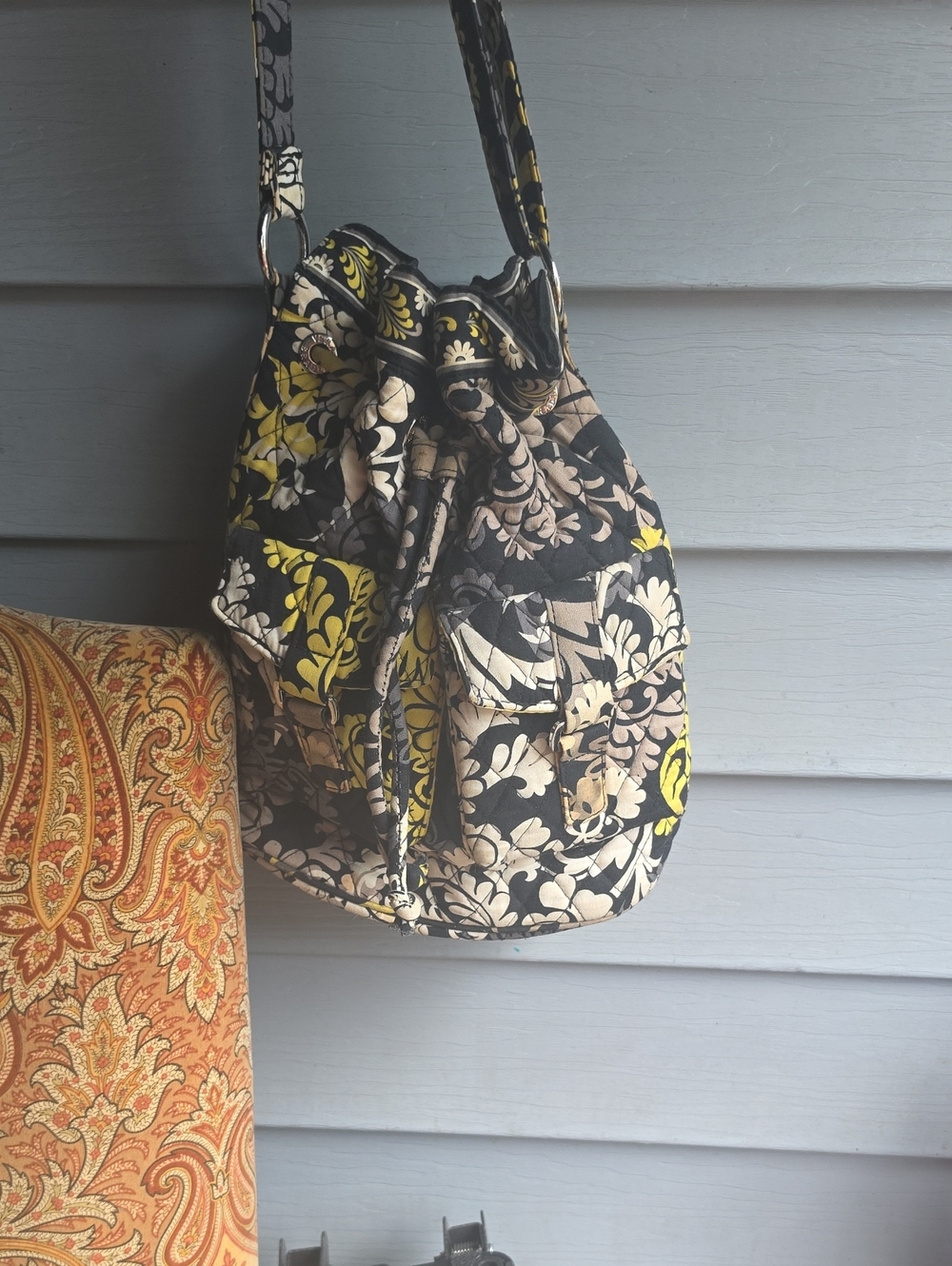 Vera Bradley Black, Yellow & Cream Quilted Floral Drawstring Shoulder Bag